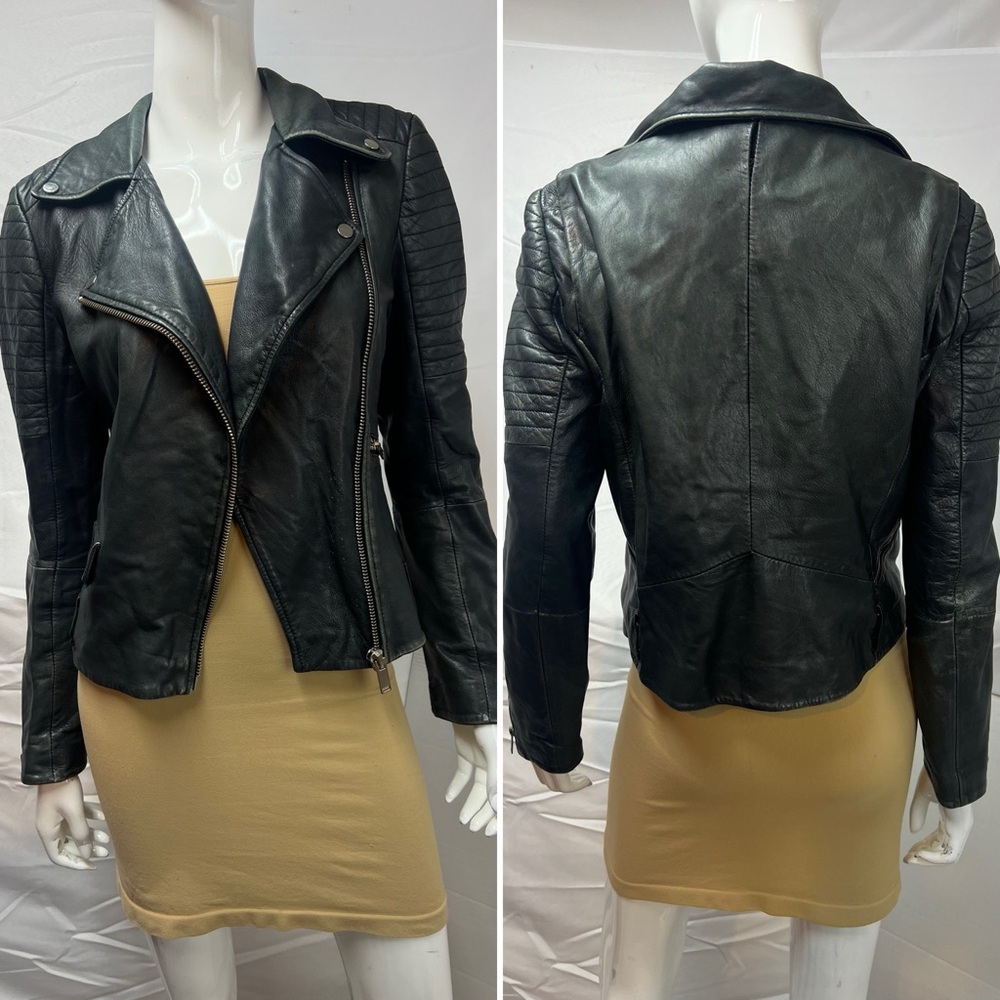 Zara Woman L Black Genuine Leather Distressed Moto Biker Jacket
